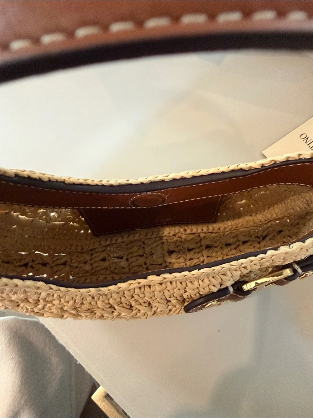 Lauren Ralph Lauren mini woven Straw Bag with Brown Leather Trim - Picture 7 of 10